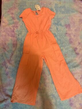 Jenna & Jessie Girls Coral Peach Textured Wide Leg Cargo Jumpsuit